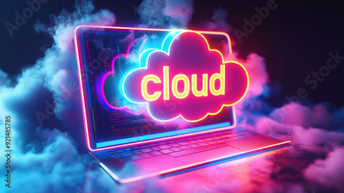 Laptop with neon cloud computing ICONS on the screen