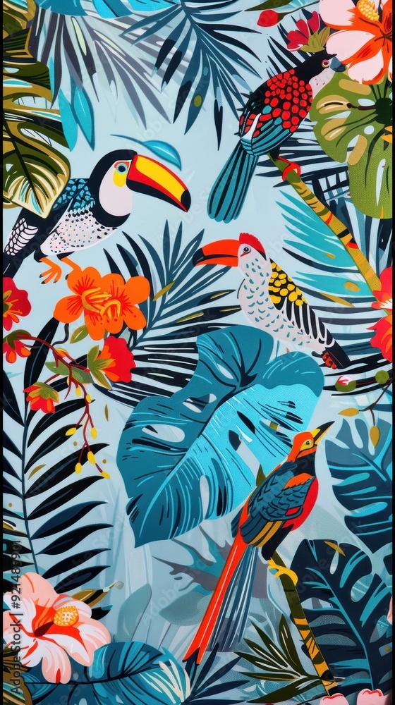 Naklejka premium Colorful birds perched among tropical plants and flowers against a vivid blue backdrop