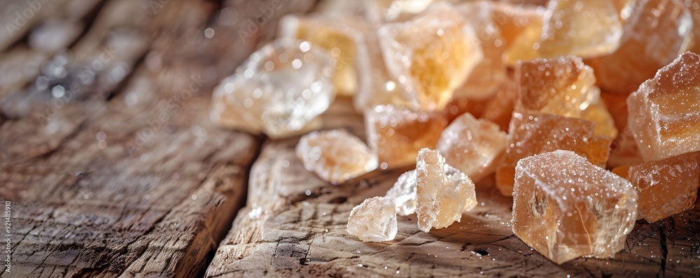 Close-up of Sugar Crystals Scattered on a Rough Wooden Surface Close-up of Sugar Crystals Scattered on a Rough Wooden Surface