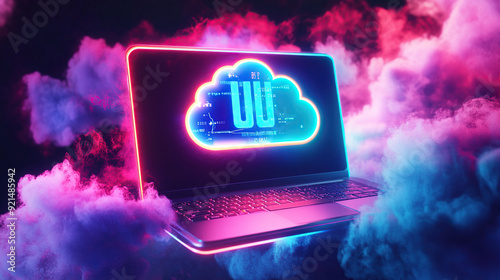 Laptop with neon cloud computing ICONS on the screen