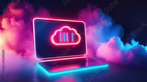 Laptop with neon cloud computing ICONS on the screen