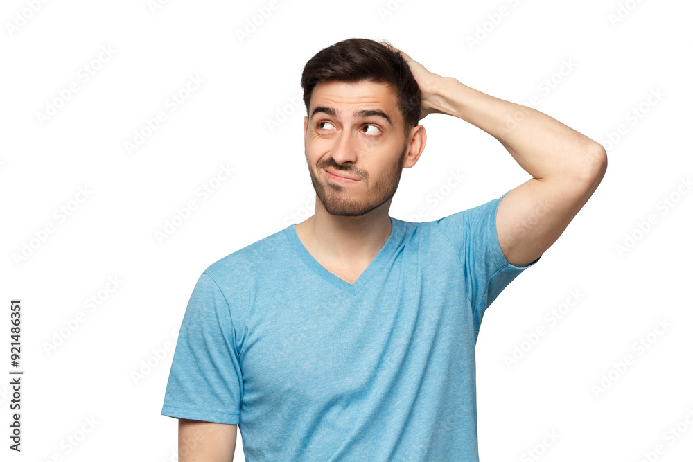 Young doubtful man thinking, scratching head and trying to find solution Young doubtful man thinking, scratching head and trying to find solution