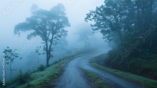 Capture a misty road in the early morning, with fog enveloping the landscape and creating a mysterious and ethereal atmosphere.