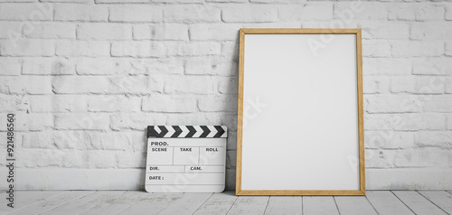 copy space poster mockup for motion picture with white bricks backgrounds. 3d rendering