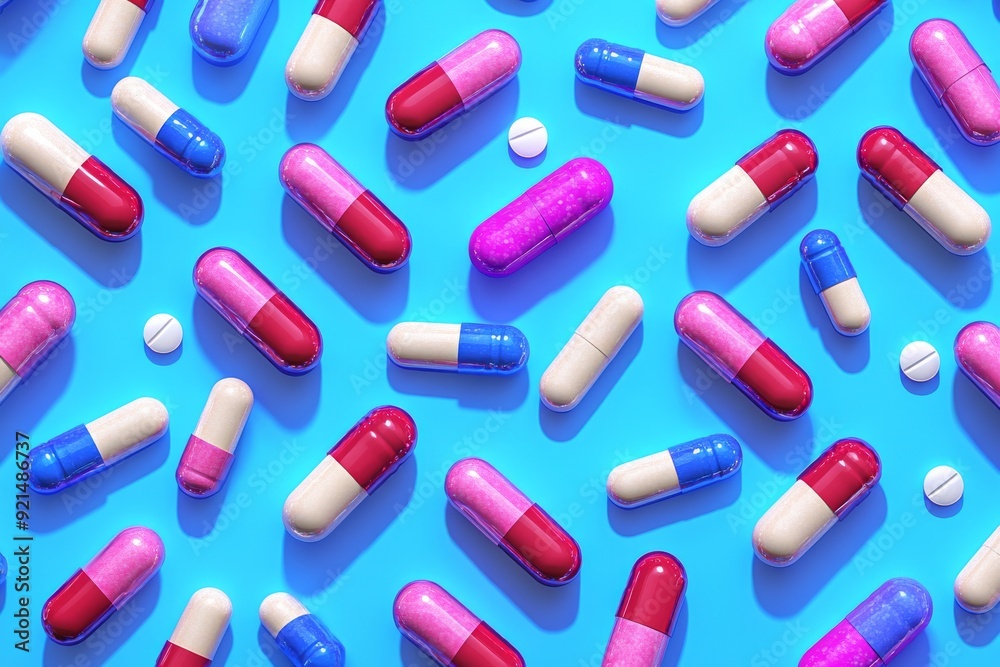A palette of vibrant capsules in a bright abstract setting representing the colorful nature of pharmaceutical options A palette of vibrant capsules in a bright abstract setting representing the colorful nature of pharmaceutical options