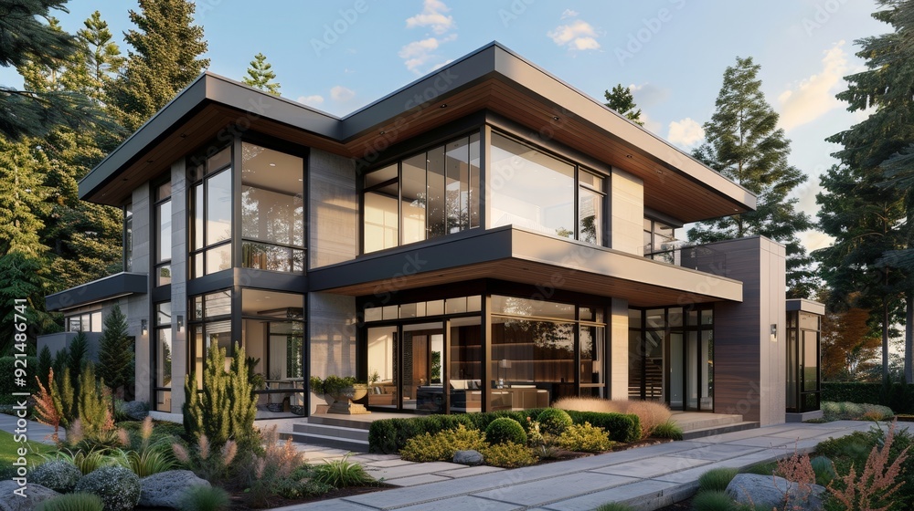 Capture the elegance of a modern home exterior with sleek lines, large windows, and minimalist landscaping, showcasing contemporary architectural design. Capture the elegance of a modern home exterior with sleek lines, large windows, and minimalist landscaping, showcasing contemporary architectural design.