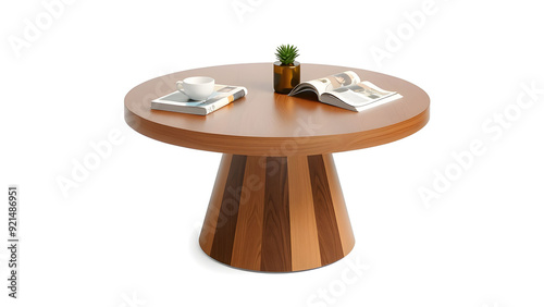 Round wooden coffee table with books, cup, and plant photo