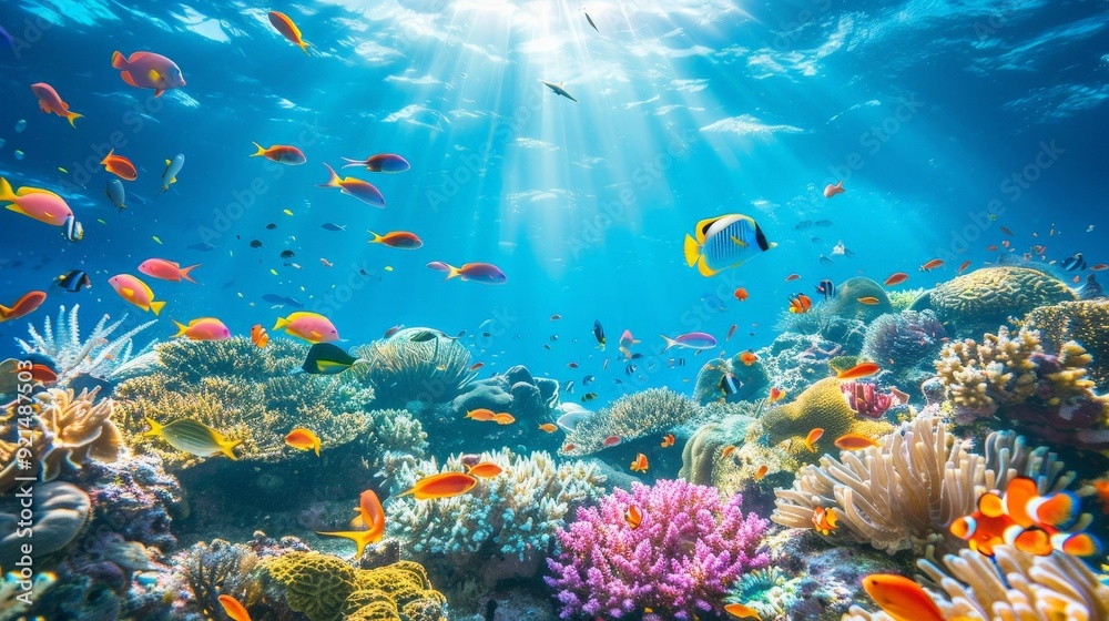 Naklejka premium Coral reefs teem with marine life, showcasing underwater biodiversity.