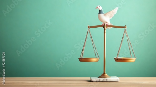 A balanced scale with a white pigeon symbolizing peace and justice set against a soothing green background.