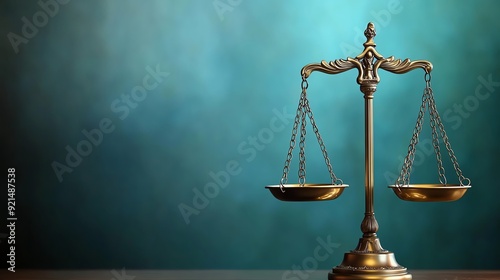 A classic bronze balance scale symbolizing justice, against a serene blue background, ideal for legal or courtroom themes.