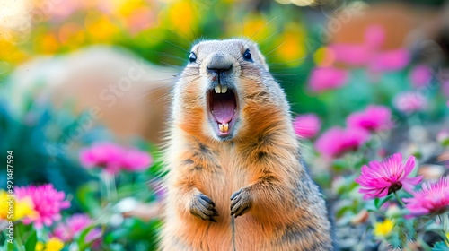 Playful and Cheerful Squirrel Surrounded by Vibrant Blooming Flowers in a Lush and Verdant Garden Setting Exhibiting a Joyful and Energetic Expression