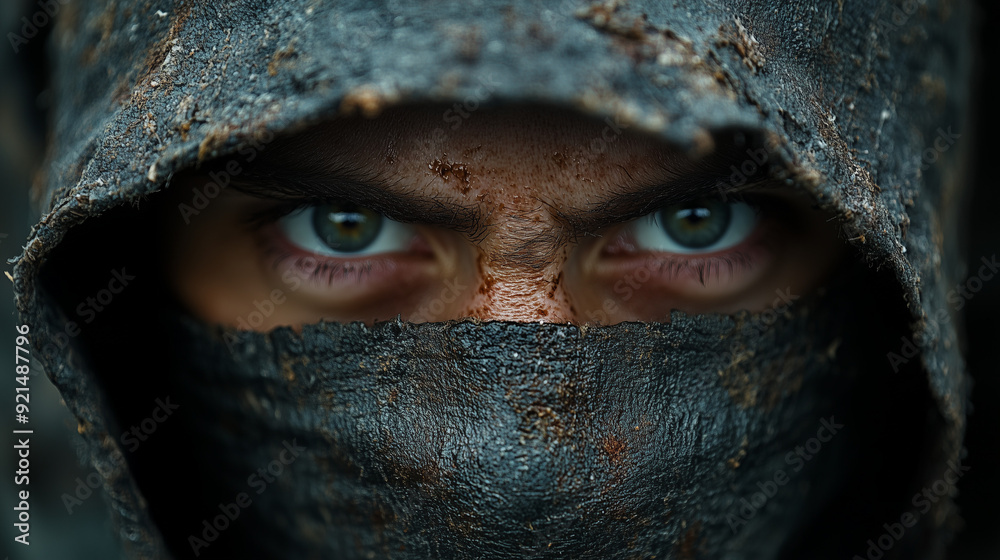 hooded face of an angry medieval soldier with blue eyes hooded face of an angry medieval soldier with blue eyes