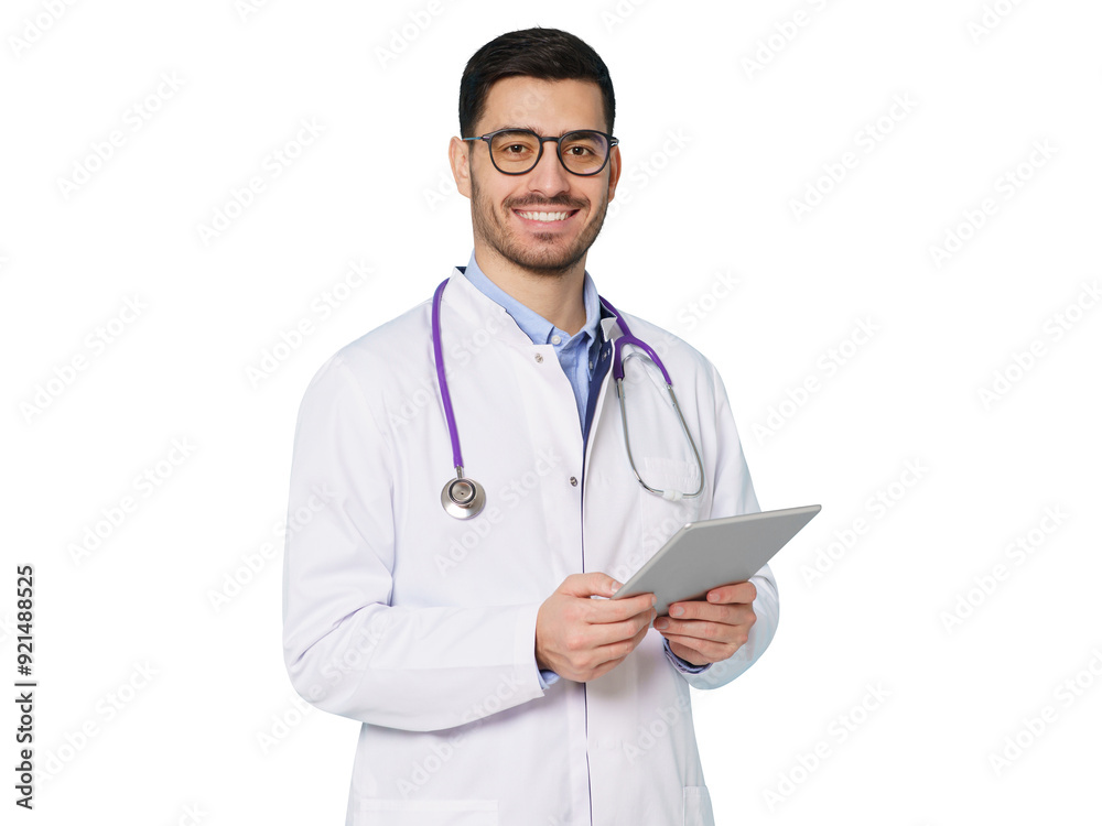 Young male doctor, looking at camera with confident smile, holding tablet Young male doctor, looking at camera with confident smile, holding tablet