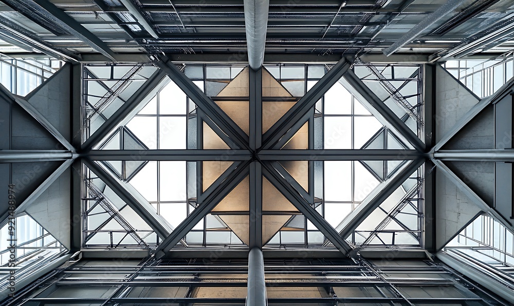 Geometric Steel Beams and Glass Panels in a Modern Building Geometric Steel Beams and Glass Panels in a Modern Building