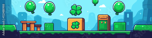Colorful Cartoon Video Game Scene with Green Balloons, Clovers, and Blocks in a Fantasy Landscape
