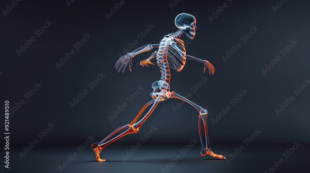 3D illustration of a human skeleton in motion, showcasing anatomical structures with detailed bones and joints against a dark background. 3D illustration of a human skeleton in motion, showcasing anatomical structures with detailed bones and joints against a dark background.