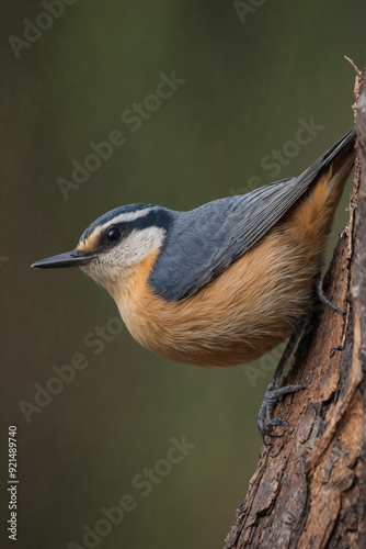 Red Breasted Nuthatch Bird Perched on Tree Trunk