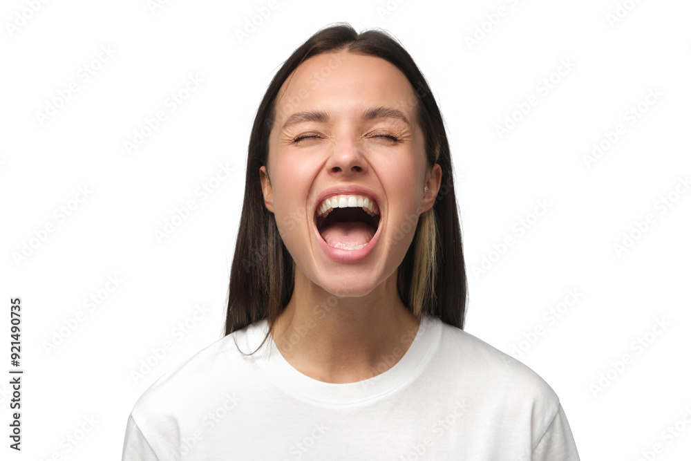 Angry woman, rage concept. Close-up portrait of screaming with closed eyes crazy young female Angry woman, rage concept. Close-up portrait of screaming with closed eyes crazy young female