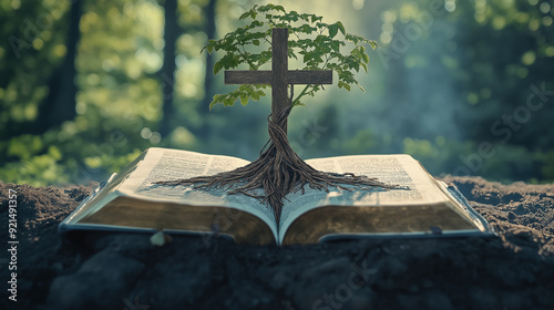 Intertwined Cross and Roots in Open Bible, Representing Dynamic Faith Nourished by Scriptures