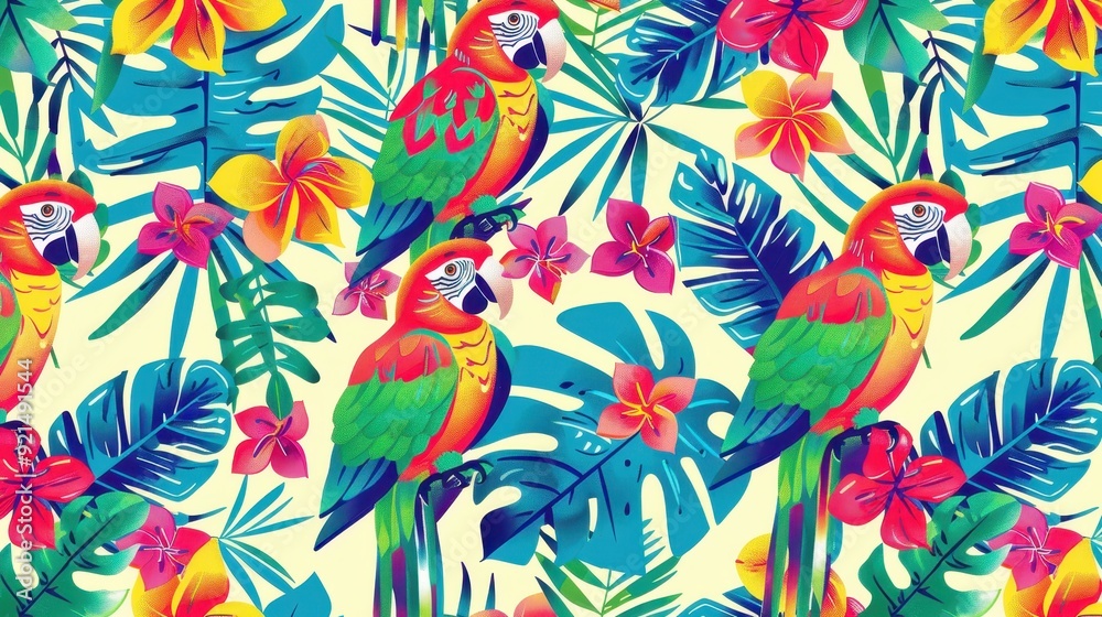 Fototapeta premium A lively design showcases colorful macaws surrounded by tropical flowers and leaves