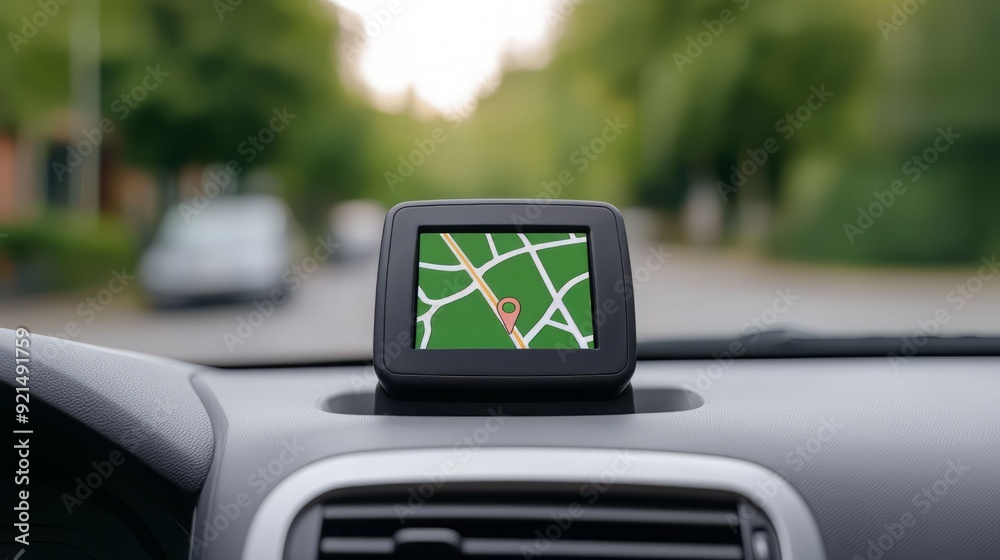 Close-up of a GPS navigation device on a car dashboard, displaying a detailed map for travel directions in a serene environment. Close-up of a GPS navigation device on a car dashboard, displaying a detailed map for travel directions in a serene environment.
