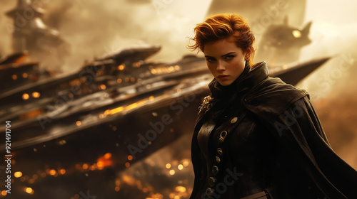 a woman general in sci-fi movie scene, lady admiral in futuristic spaceship. Design for Wall Art, Poster Print, Wallpaper & Background