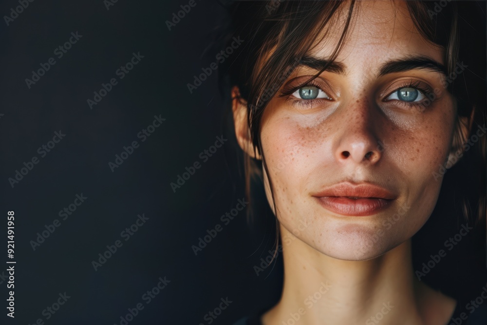 Close-Up Portrait of a Woman with Freckles and Intense Eyes. Generative AI. Close-Up Portrait of a Woman with Freckles and Intense Eyes. Generative AI.