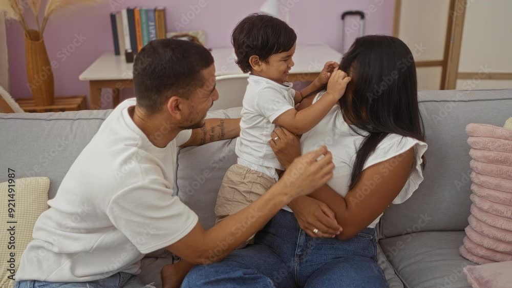 Happy family enjoying playful moments together as a man and child tickle a laughing woman on the couch in a cozy living room setting Happy family enjoying playful moments together as a man and child tickle a laughing woman on the couch in a cozy living room setting