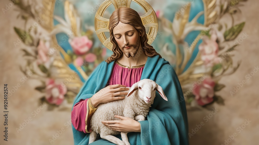 A serene image of a divine figure holding a gentle lamb, symbolizing peace and compassion, set against an ornate backdrop. A serene image of a divine figure holding a gentle lamb, symbolizing peace and compassion, set against an ornate backdrop.