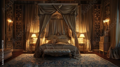 Color photo of an elegant bedroom, canopy bed with flowing curtains, plush rug, soft ambient light from bedside sconces