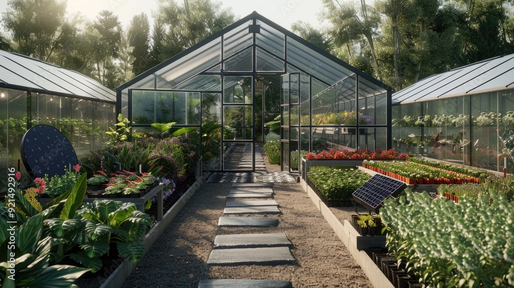 Color photo of a solar-powered greenhouse, plants thriving under the glass roof with integrated solar panels, agricultural setting, soft natural light Color photo of a solar-powered greenhouse, plants thriving under the glass roof with integrated solar panels, agricultural setting, soft natural light