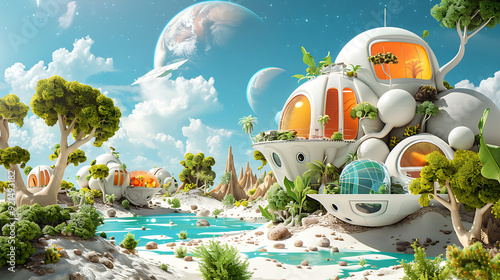 6. Modular space habitat with greenhouses and living quarters, floating above a colorful alien landscape  photo