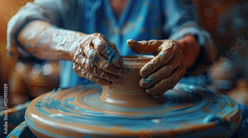 Color photo of a person sculpting clay, hands shaping a pottery piece on a wheel, bright ceramics studio, natural light