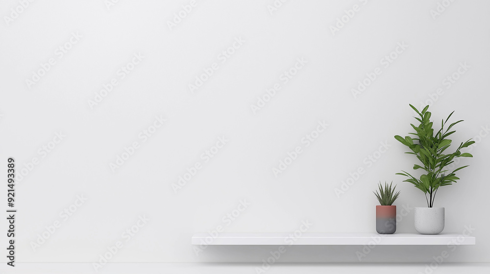 mockup of a white wall with shelf decorated with grey and red modern objects in modern room. mockup of a white wall with shelf decorated with grey and red modern objects in modern room.