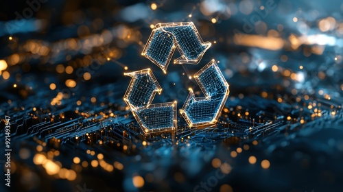 A blue 3D recycling symbol surrounded by a complex web of glowing network connections and digital nodes, showcasing the integration of technology in waste management processes