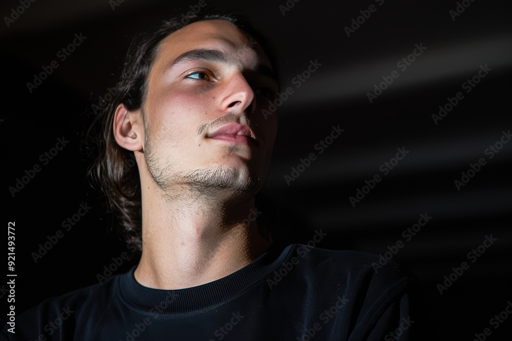 Moody Portrait of a Man in Low Light, Subtle Smile. Generative AI. Moody Portrait of a Man in Low Light, Subtle Smile. Generative AI.