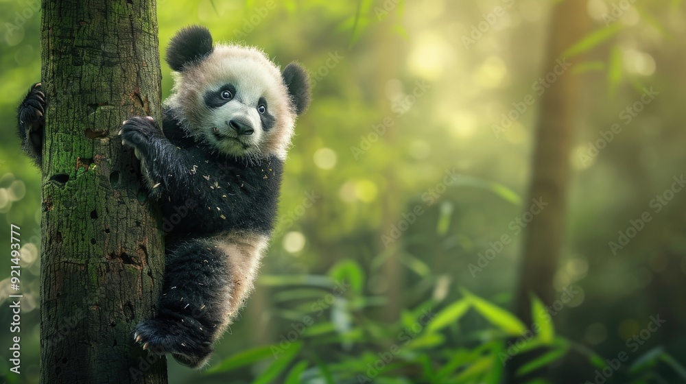 Obraz premium Color photo of a giant panda cub climbing a tree, playful expression with a strong grip, lush bamboo forest, soft daylight
