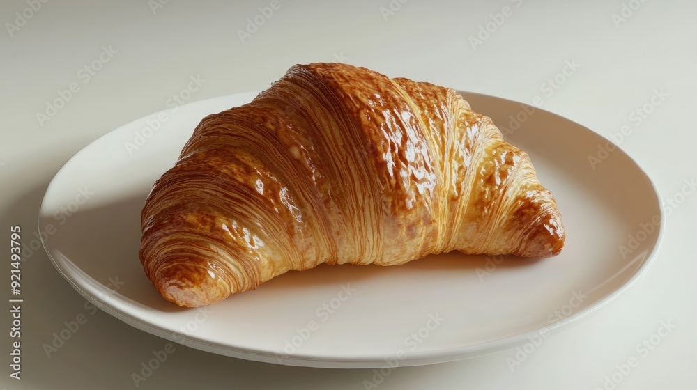 Color photo of a fresh croissant, golden and flaky with a shiny surface, served on a white plate, soft morning light