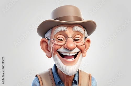 Happy laughing cartoon character old man wearing a hat in 3D style design on a light white background. Human people joyful expression concept. Made with generative AI technology