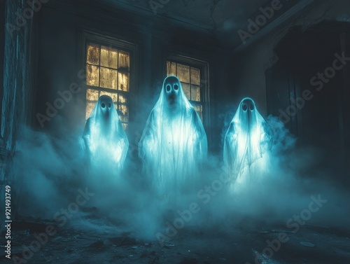 Eerie scene featuring ethereal ghosts in a haunted room, wrapped in mist and glowing softly. Perfect for Halloween or paranormal themes. photo