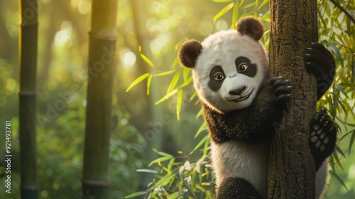 Color photo of a giant panda cub climbing a tree, playful expression with a strong grip, lush bamboo forest, soft daylight