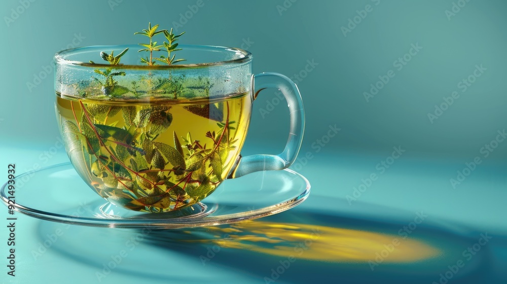 Color photo of a cup of herbal tea, clear liquid with floating herbs, served in a glass cup, soft natural light Color photo of a cup of herbal tea, clear liquid with floating herbs, served in a glass cup, soft natural light
