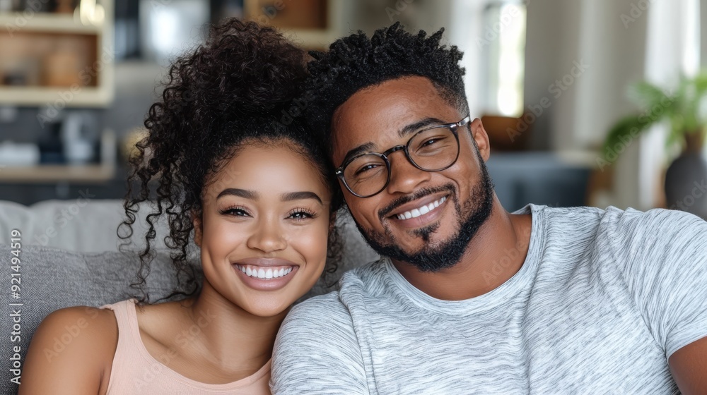 A happy couple is all smiles as they relax together at home. Both have curly hair and glasses, enjoying a comfortable and cozy atmosphere in their living room.