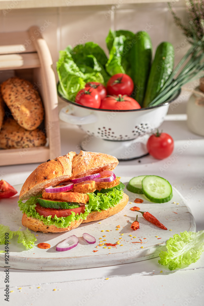 Delicious and fresh sandwich served with lemonade in the kitchen. Delicious and fresh sandwich served with lemonade in the kitchen.