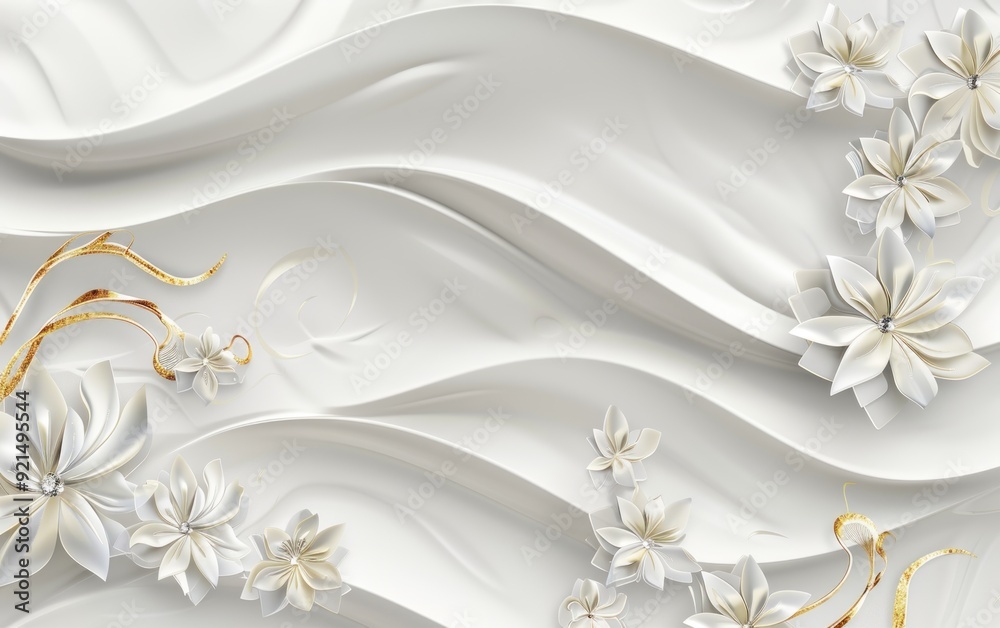 Obraz premium Intricately detailed floral elements in white and gold on a smooth, flowing white backdrop.