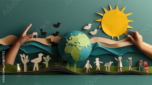 A serene oceanic backdrop featuring a green and blue globe made of kraft paper, safeguarded by the hands of children from various ethnic backgrounds. The scene includes whimsical paper trees and