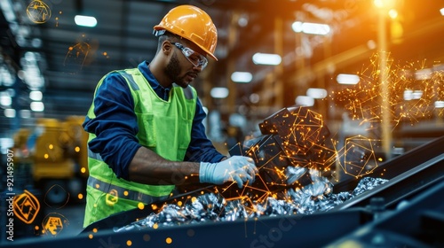 Detailed shot of a recycling facility worker operating heavy machinery, such as a shredder or baler, with a focus on their hands adjusting controls and handling materials
