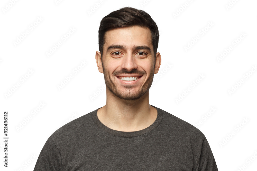 Close-up portrait of smiling handsome young man in casual gray t-shirt Close-up portrait of smiling handsome young man in casual gray t-shirt