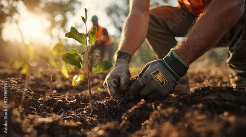 A close-up of a nature management team in action, planting native trees in a reforestation project. The scene captures detailed interactions with the environment, including soil preparation and photo