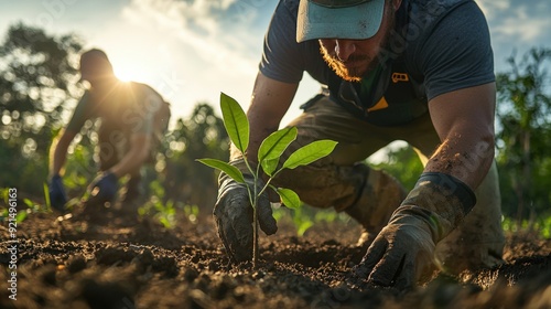 A close-up of a nature management team in action, planting native trees in a reforestation project. The scene captures detailed interactions with the environment, including soil preparation and